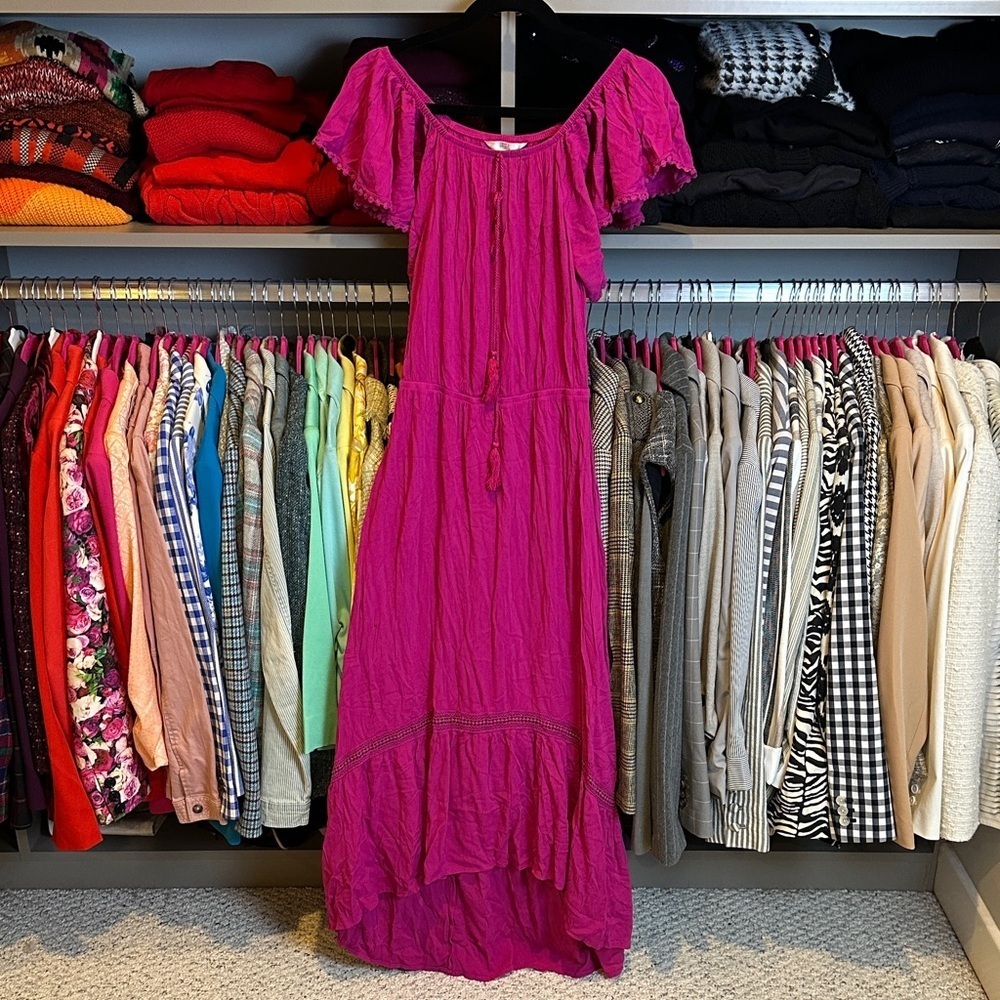 Time and Tru fuchsia off the shoulder elastic waistband hi low maxi dress size S